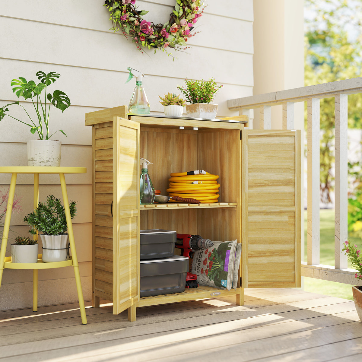 Armoire de jardin, armoire extérieure de rangement en bois, plan de travail en métal galvanisé, 71,5x39x95cm, naturel