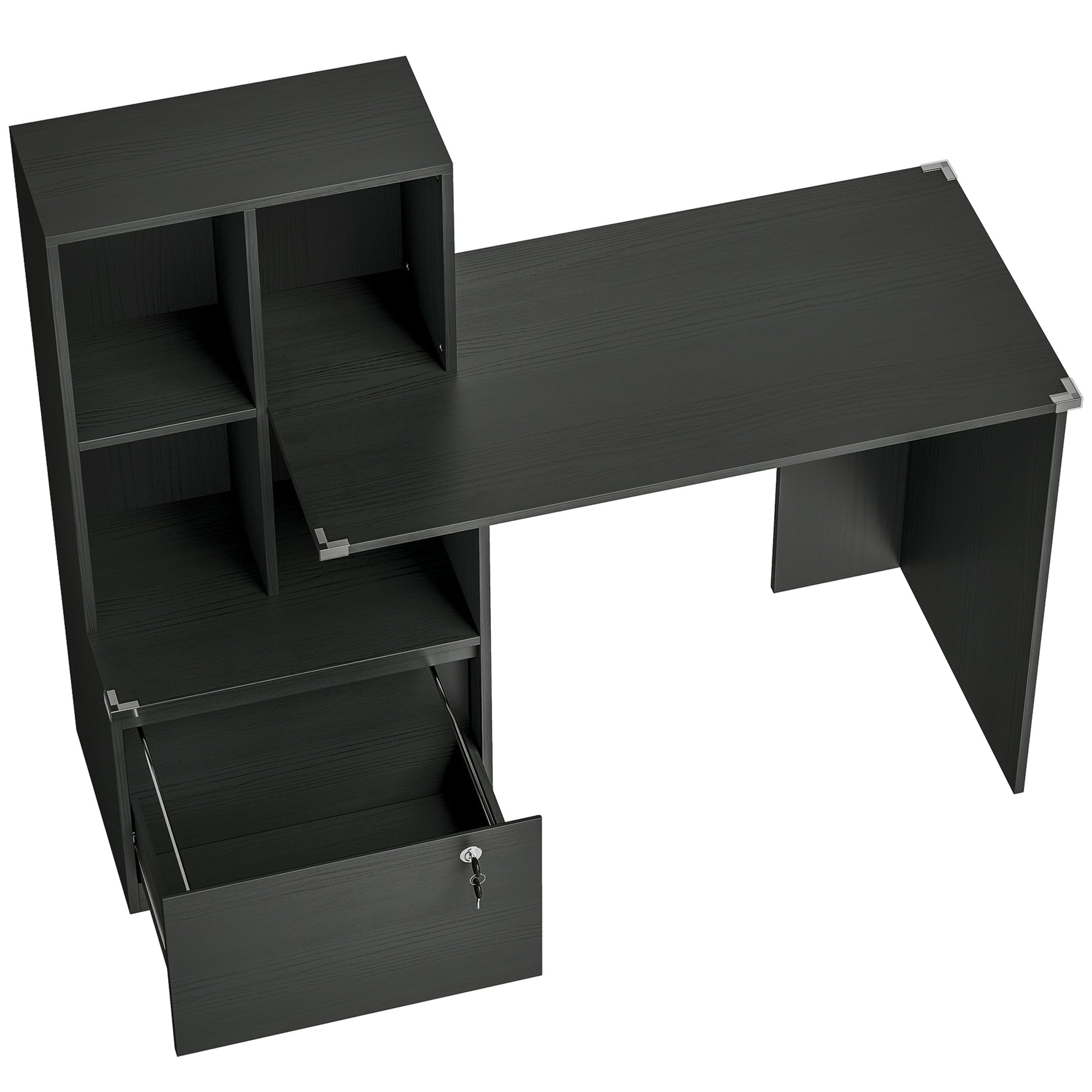 Bureau d'ordinateur avec bibliothèque 4 compartiments et tiroir verrouillable, 126 x 50 x 109 cm, noir