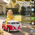 Voiture électrique enfant Volkswagen T1 sous licence officielle 12 V avec 2 moteurs démarrage doux 89x49x41,5cm rouge