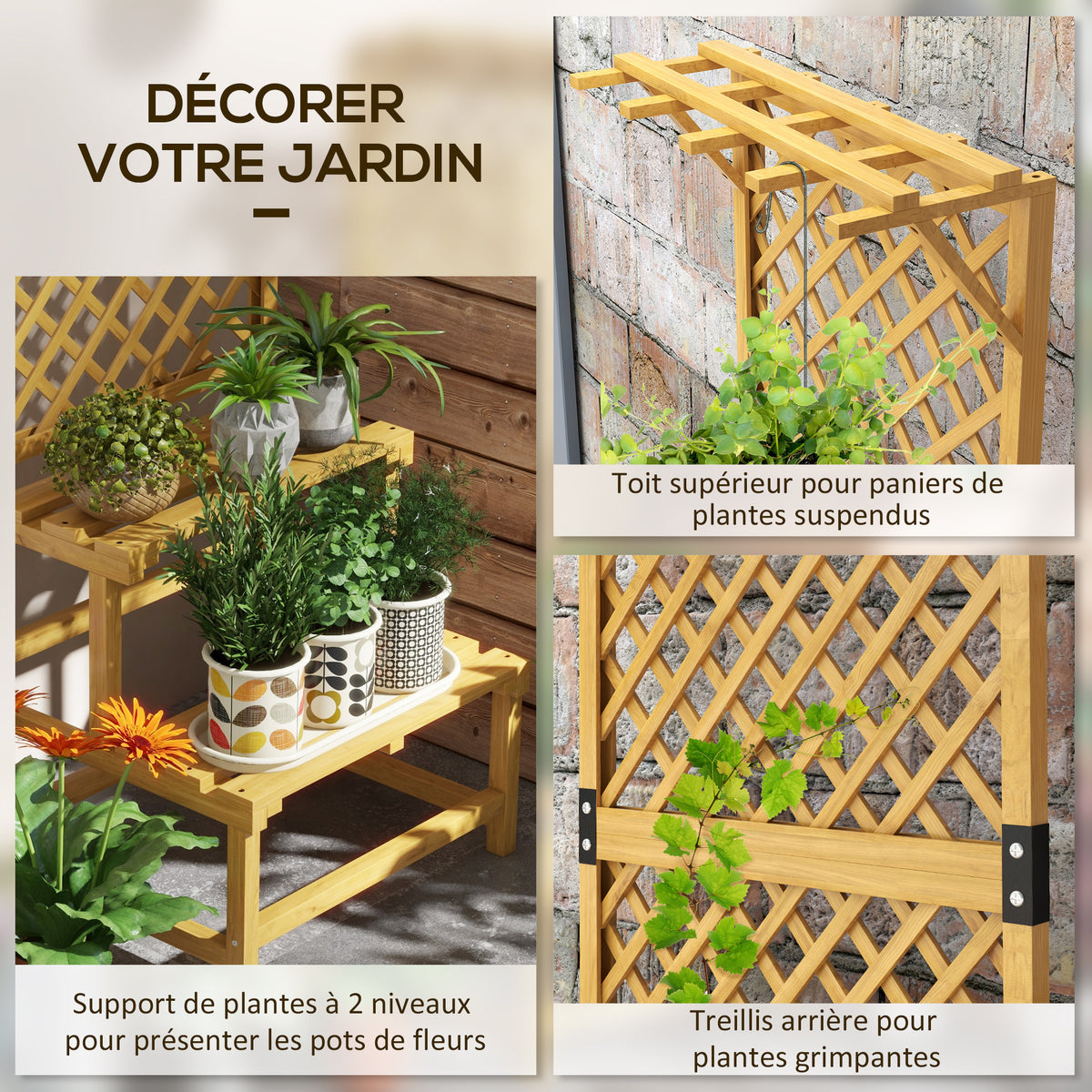 Support plantes intérieur porte plante intérieure à deux niveaux avec treillis 60 x 50 x 166 cm en bois massif jaune