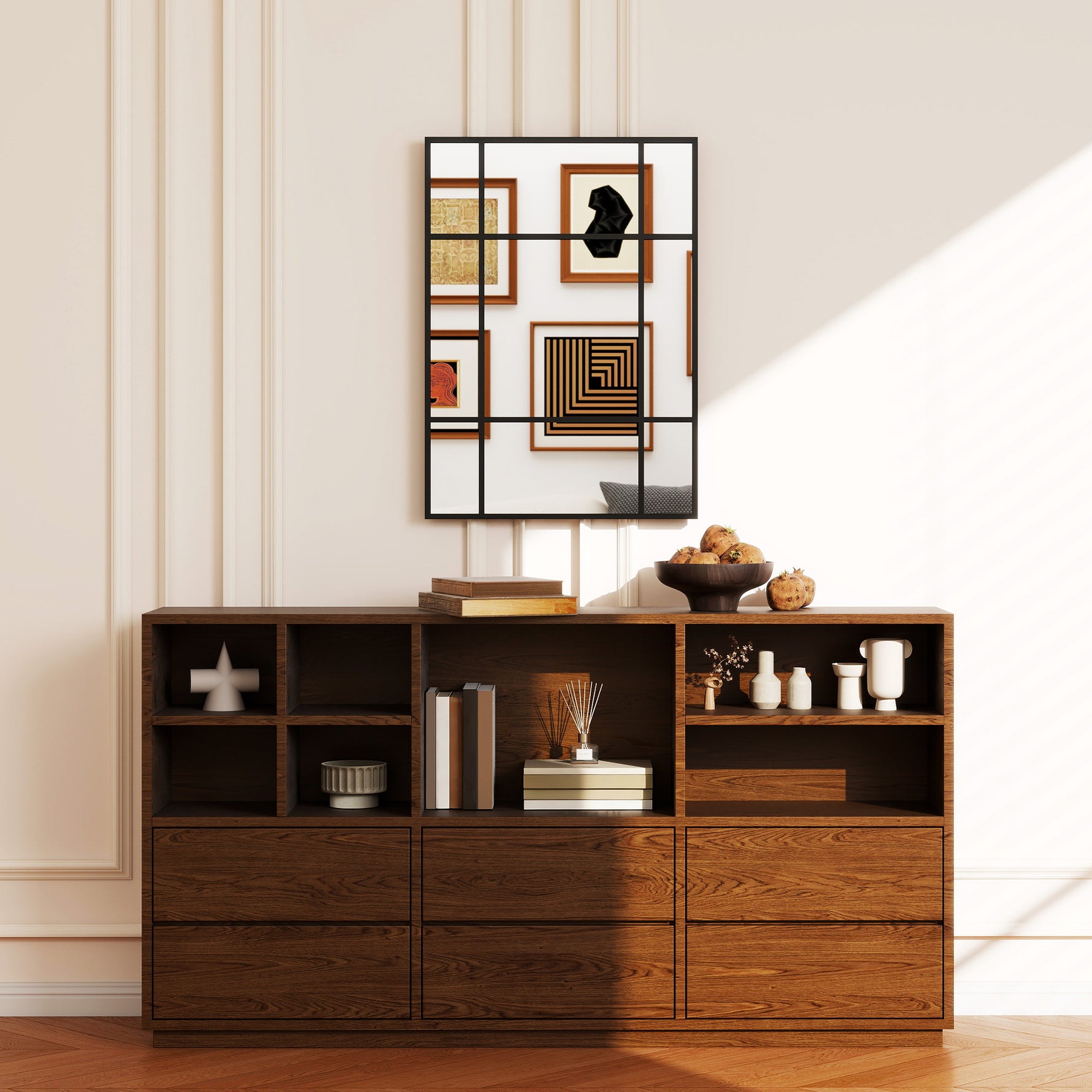 Miroir mural verrière rectangulaire style fenêtre, horizontal ou vertical avec 4 crochets, en métal noir - 50x70 cm