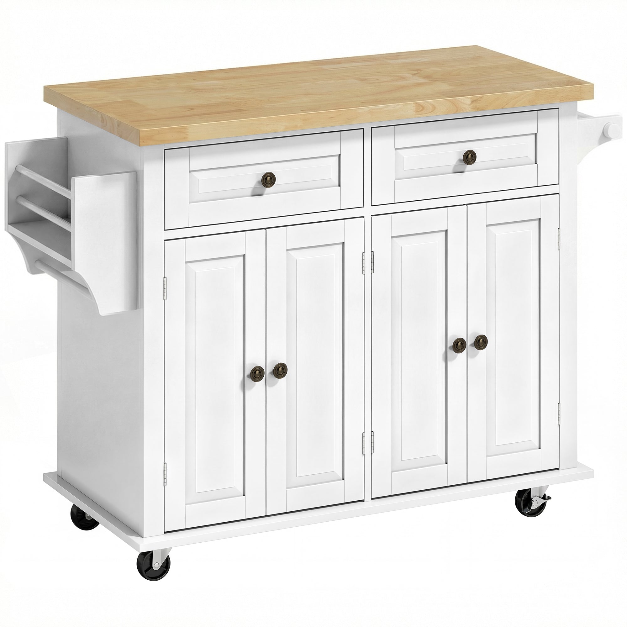 Keukeneiland met rubberhouten blad, keukentrolley op wielen met 2 lades, 111 x 44,5 x 82,5 cm, wit