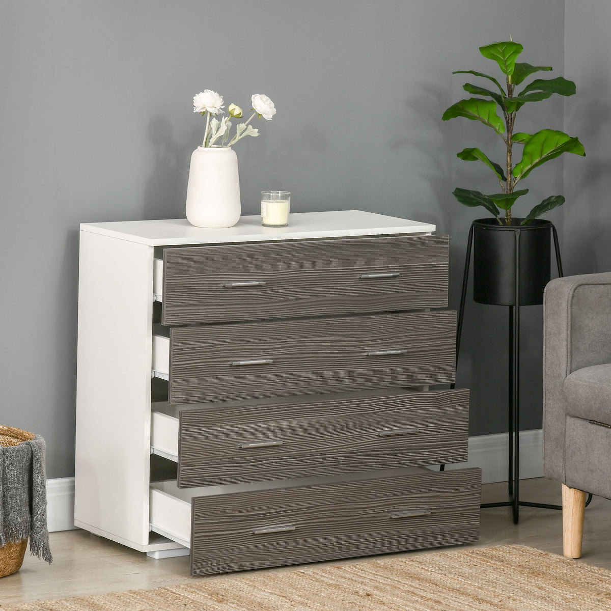 Commode meuble de rangement style contemporain 4 tiroirs 76 x 35 x 72 cm blanc et gris