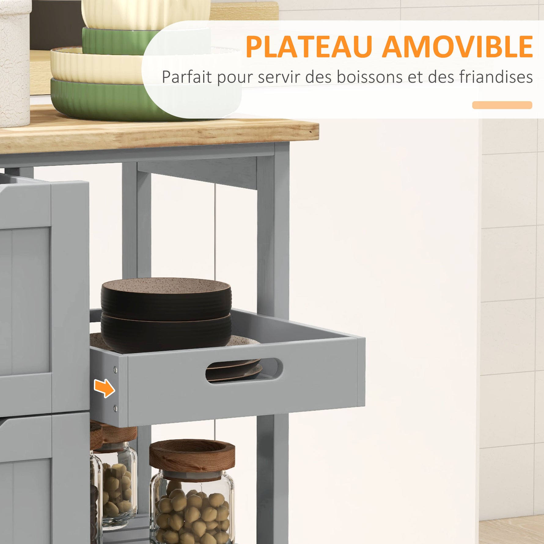 Chariot desserte de cuisine à roulettes plan de travail en bois 3 tiroirs et 1 plateau amovible 67 x 37 x 85,5 cm gris