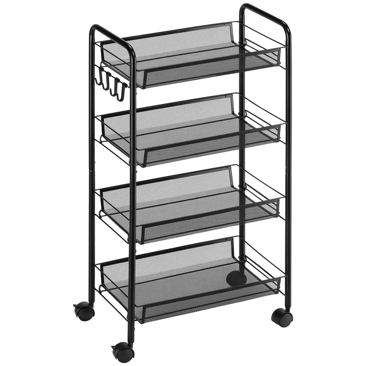 Carrello portaoggetti a 4 ripiani, carrello con ruote con cestelli rimovibili e 4 ganci, telaio in acciaio, carrello da cucina, bagno, soggiorno, spazio stretto, 45 x 26,5 x 84 cm, nero