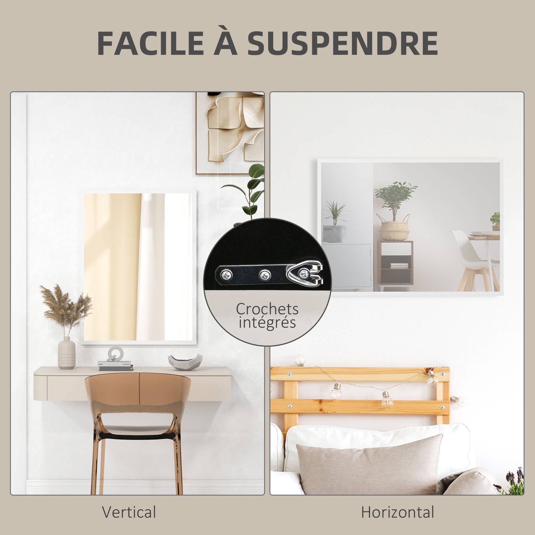 Miroir mural rectangulaire 60 x 80 cm, cadre en MDF, idéal pour la salle de bain, salon ou chambre, blanc