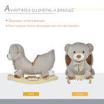 Cheval à Bascule Jouet à Bascule Ourson pour Enfants de 18-36 Mois Fauteuil intégré Ceinture de sécurité Fonction sonore grognement Gris Marron