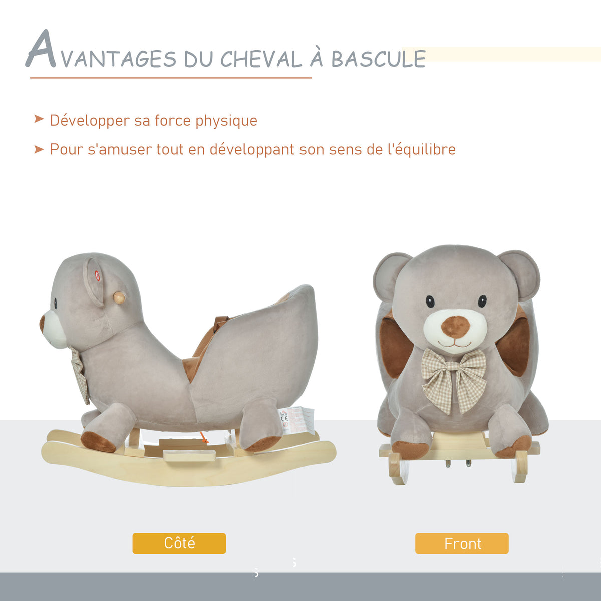 Cheval à Bascule Jouet à Bascule Ourson pour Enfants de 18-36 Mois Fauteuil intégré Ceinture de sécurité Fonction sonore grognement Gris Marron