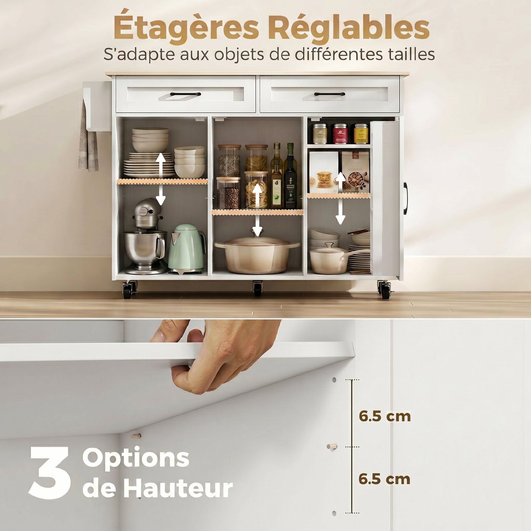 Îlot de cuisine avec plateau rabattable, chariot à roulettes 2 tiroirs, 3 portes, porte-racks et porte-serviettes, blanc