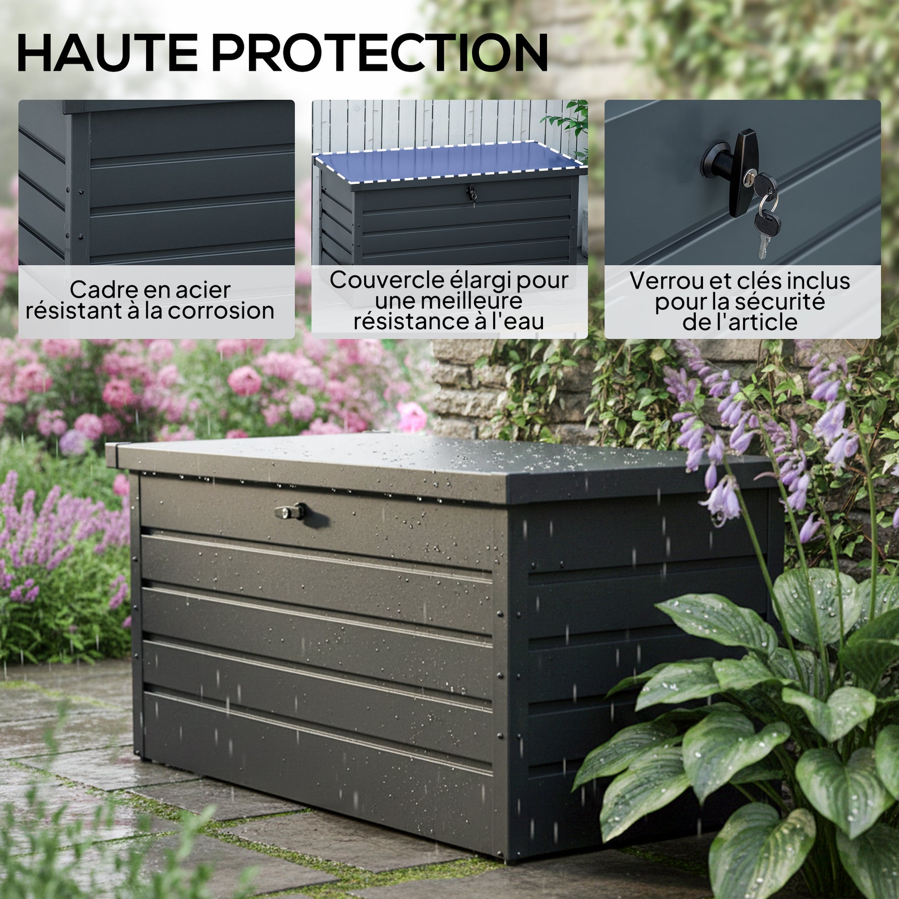 Coffre de rangement exterieur XXL 311L coffre de jardin acier galvanisé verrouillable vérin à gaz 120x62x62cm gris foncé