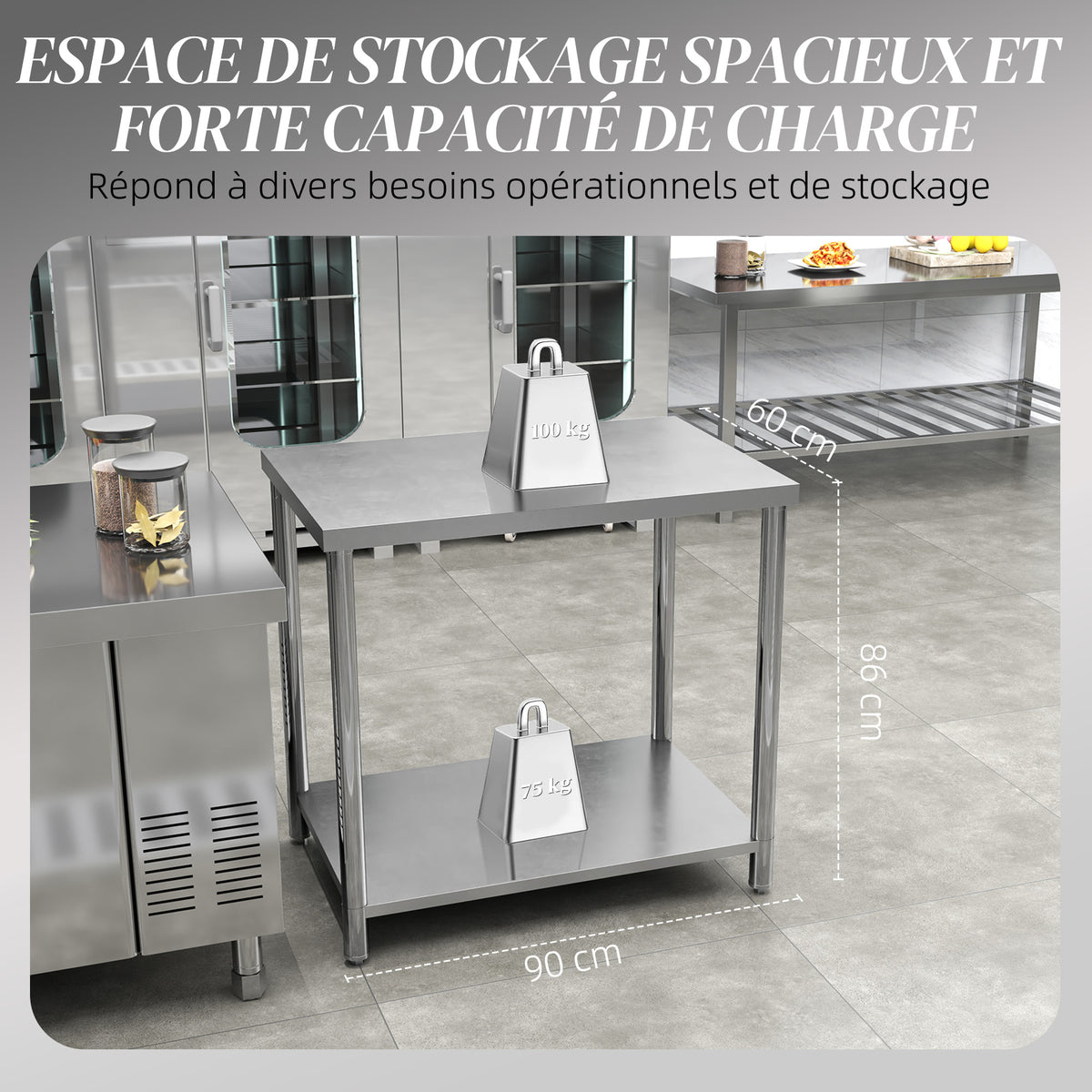 Table de travail en acier inoxydable 2 étagère, pour cuisine, garage, jardin, 90 x 60 x 86 cm, argenté