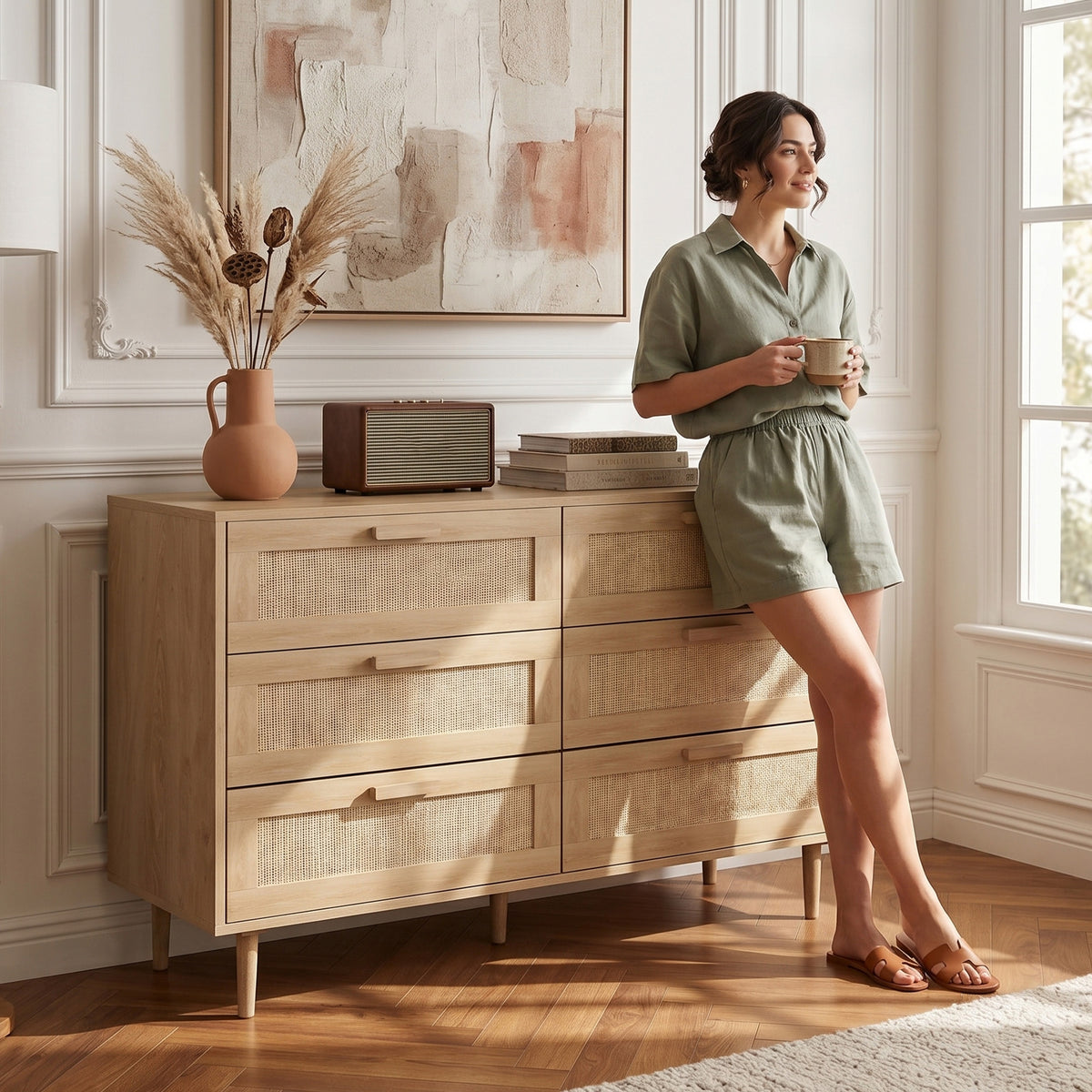 Cómoda de 6 cajones mueble de almacenaje con tejido de ratán dim. 110L x 40an x 75A cm aspecto madera clara