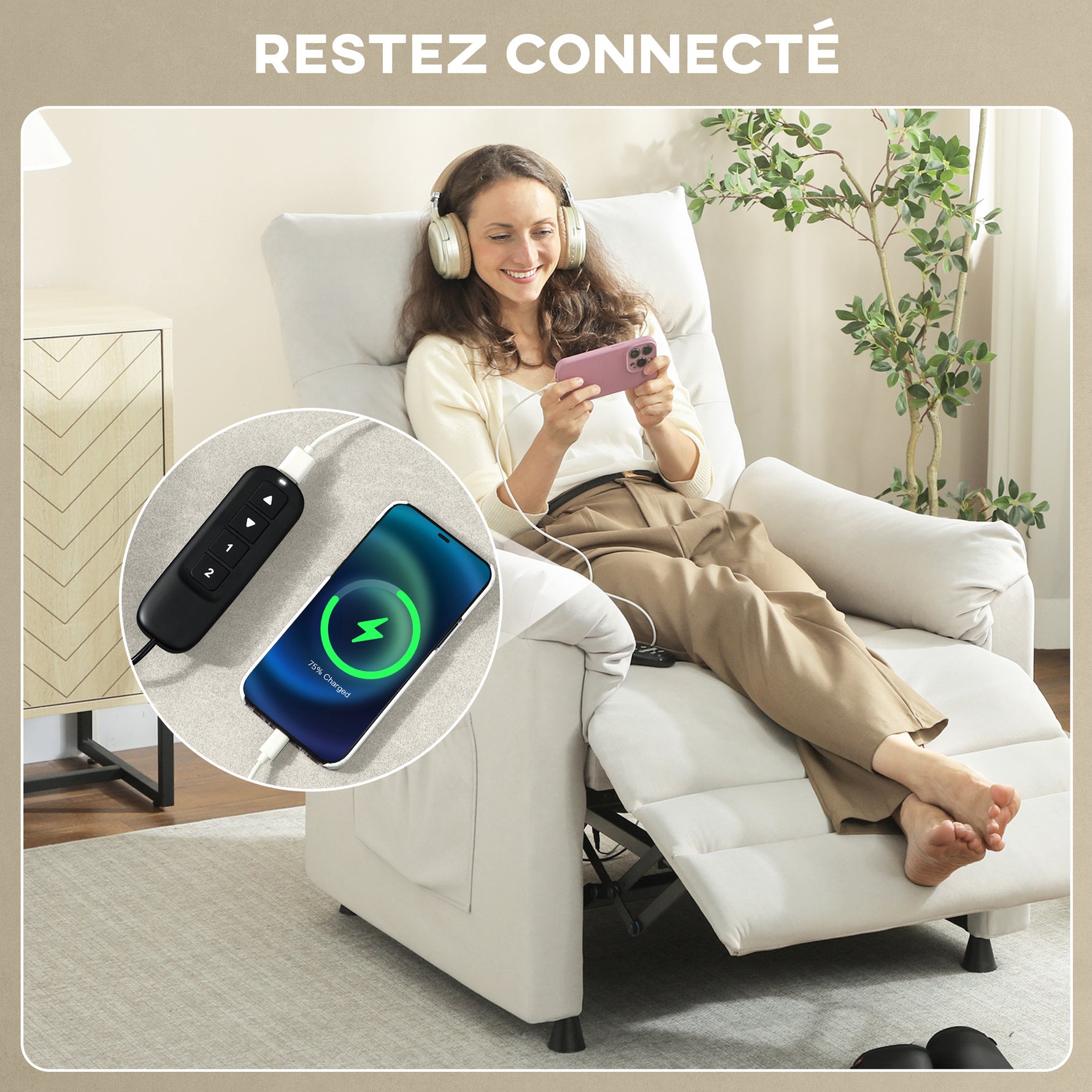 Fauteuil relax électrique massant et chauffant, fauteuil inclinable, repose-pieds, moteur silencieux, 82x99x106cm, crème