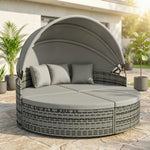 Lettino prendisole rotondo, letto da giardino modulabile 3 pezzi in polyrattan con tettuccio retrattile, grigio chiaro