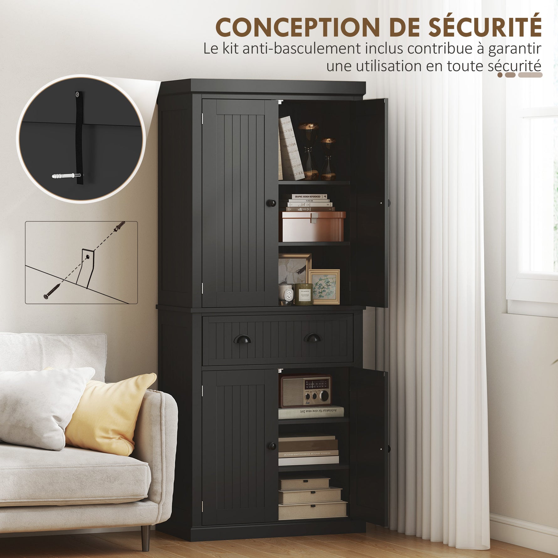 Buffet haut cuisine, armoire de cuisine avec 4 portes, tiroir et étagères réglables, 76,2 x 40,2 x 183 cm, noir
