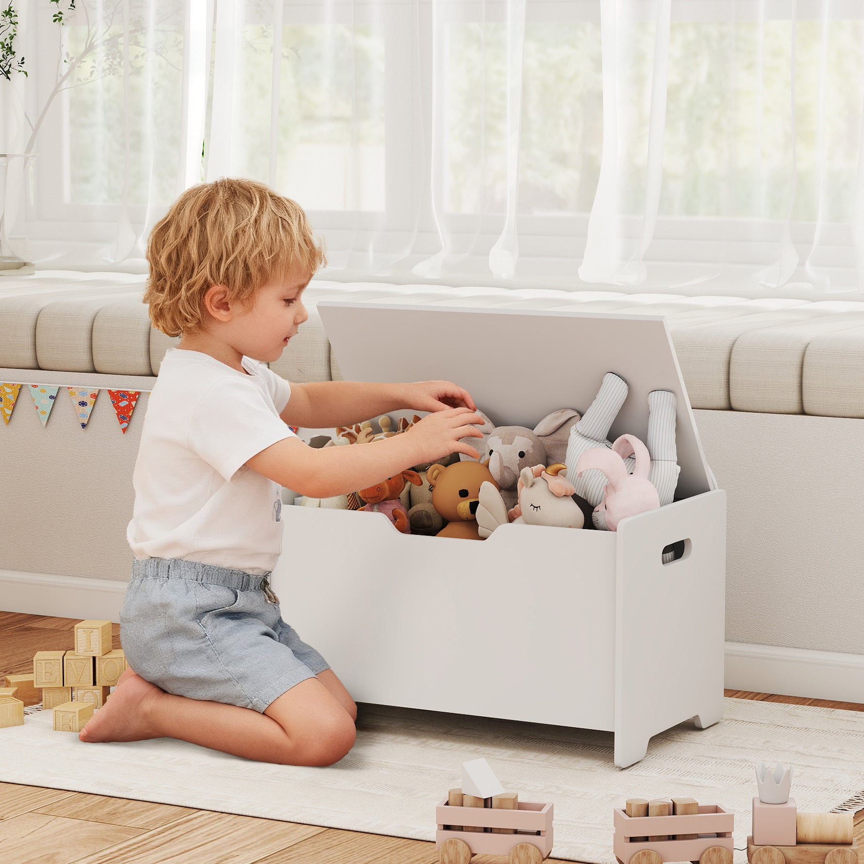 Coffre à jouet enfant avec couvercle rabattable, coffre de rangement enfant, forme d'ours, 60 x 38 x 48 cm, blanc
