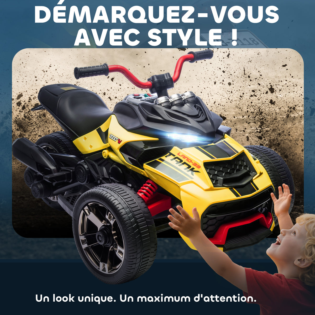 Quad électrique enfants voiture électrique enfants 12V 3 roues 2 moteurs lecteur MP3, klaxon, 2 vitesses 3-5 km/h jaune