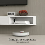 Meuble TV Suspendu, Meuble Télé pour Téléviseur jusqu'à 75 Pouces, Tiroir Rabattable, 2 Étagères, 180x24x16cm, Blanc