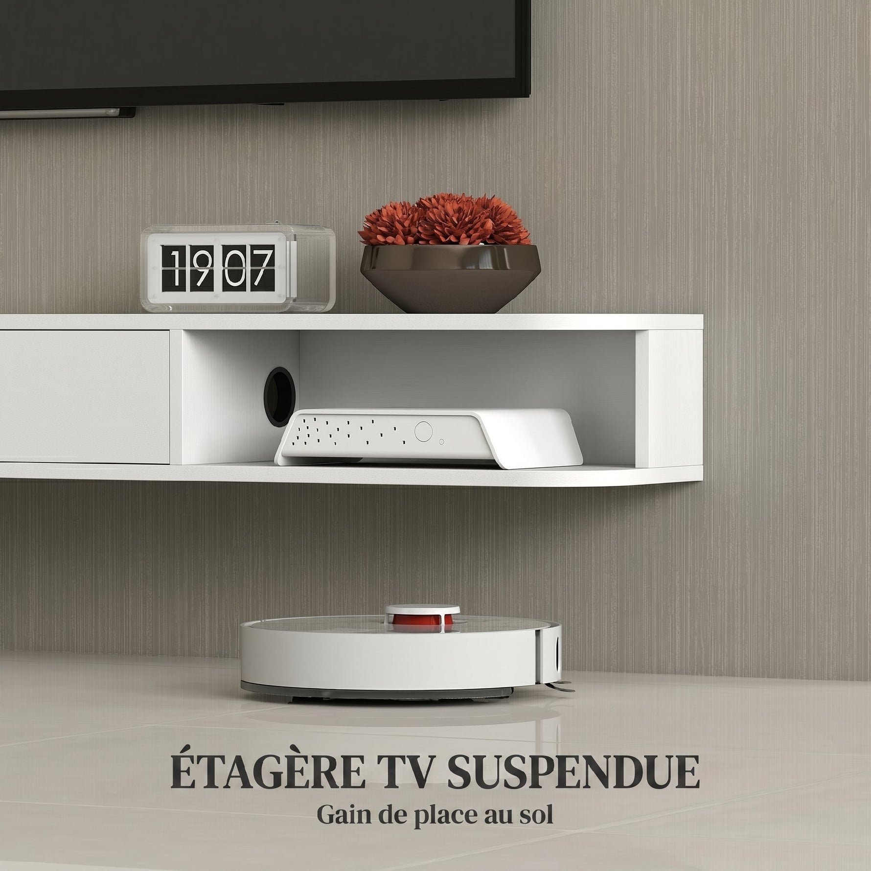 Meuble TV Suspendu, Meuble Télé pour Téléviseur jusqu'à 75 Pouces, Tiroir Rabattable, 2 Étagères, 180x24x16cm, Blanc