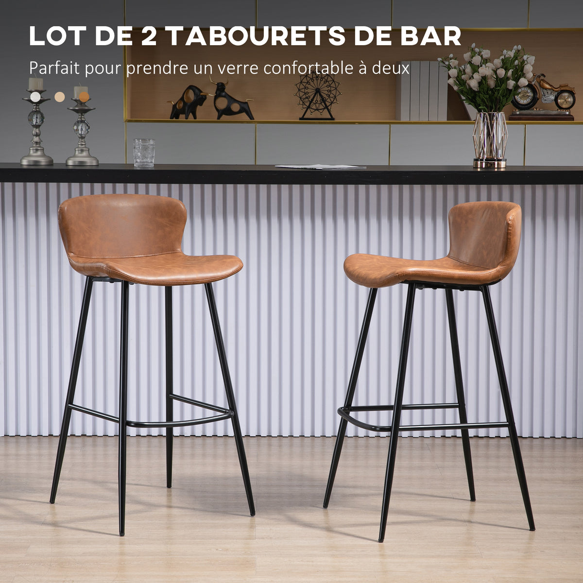 Lot de 2 tabourets de bar assise en similicuir hauteur 76 cm avec repose-pieds en acier et dossier design vintage marron