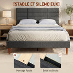 Cadre de Lit 140 x 200 cm avec Sommier Bois, Lit Double Rembourré en Effet Lin, Rangement au-dessous, Sans Bruit, Gris