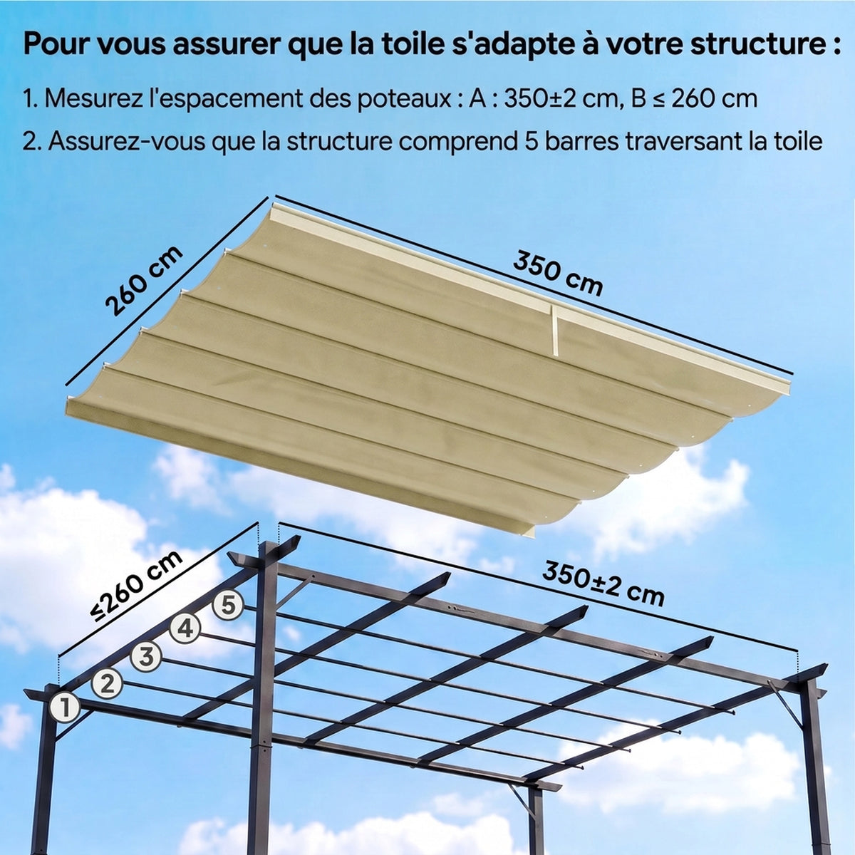 Toile de toit pour pergola tonnelle rétractable de 4 x 3 m - toile uniquement 350 x 260 cm beige