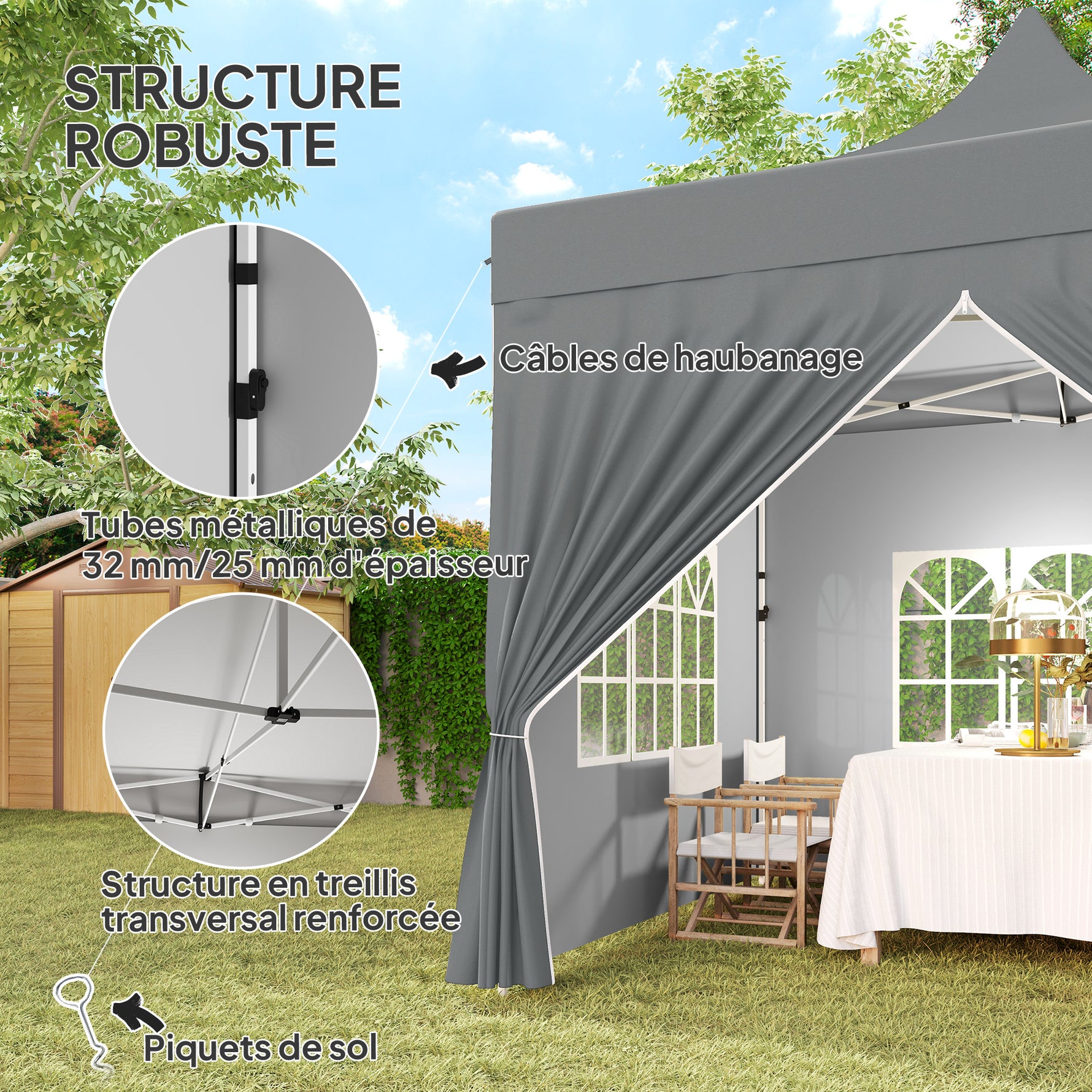 Tonnelle de jardin tente pliante 3 x 3 m 4 parois latérales amovibles 3 fenêtres hauteur réglable sac de transport gris