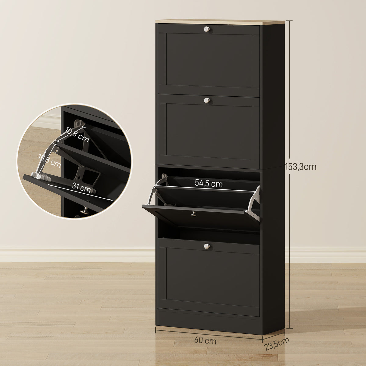 Meuble à chaussures 24 paires, armoire à chaussures avec 4 tiroirs rabattables, étagères réglables, 60x23,5x153cm, noir