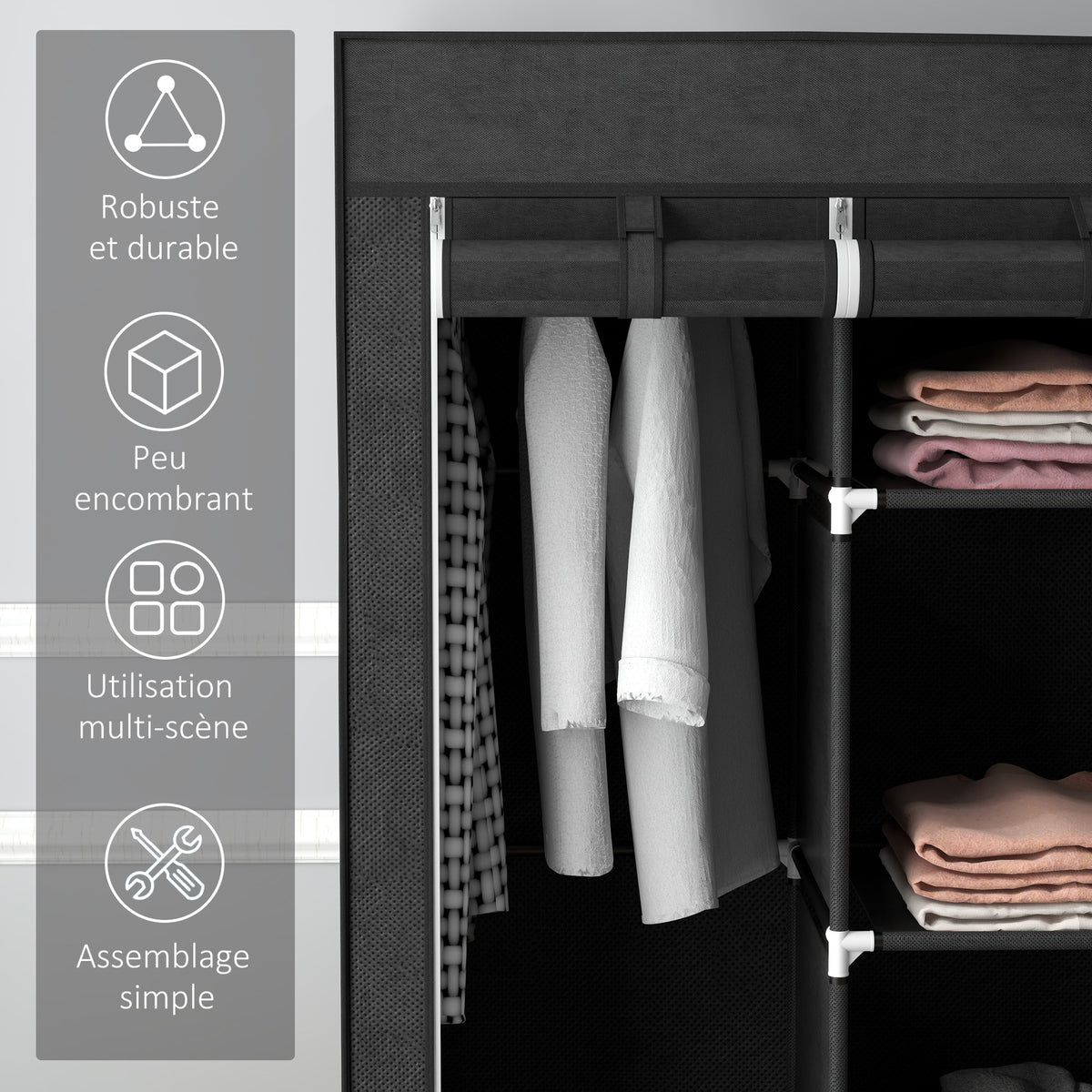 Armoire de rangement en tissu pliable avec 5 étagères, 2 tringles et 3 tiroirs en tissu 125L x 43l x 162.5H cm