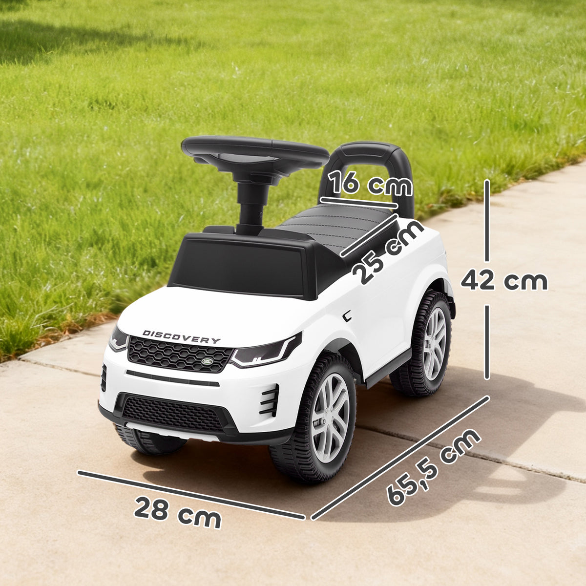 Porteur enfants voiture sous licence Land Rover, véhicule à pousser, klaxon, sons de moteur, rangement sous siège, blanc