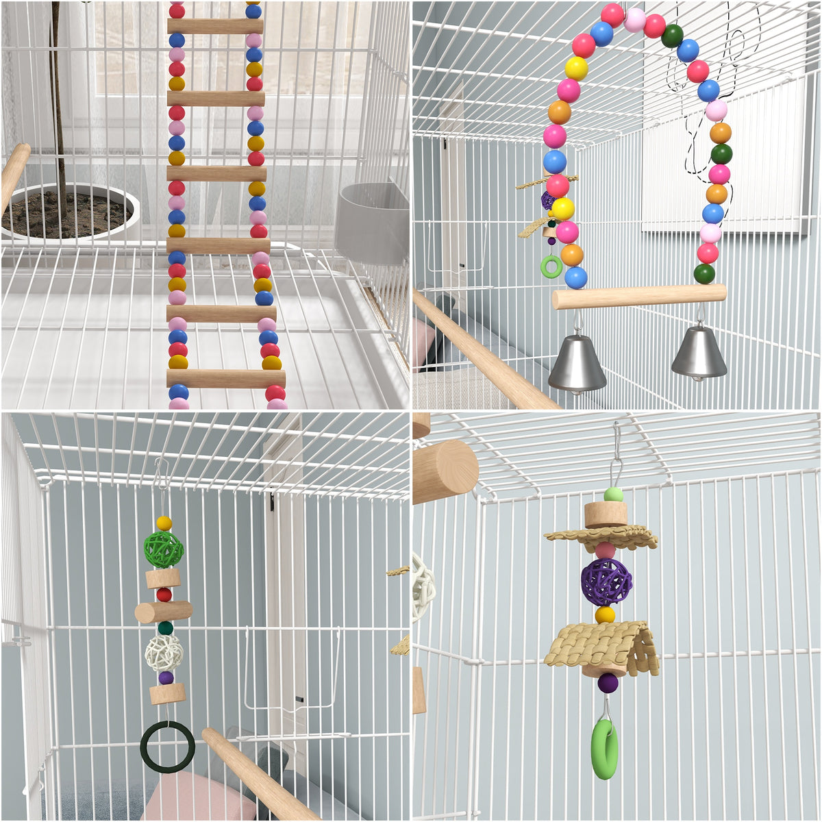 Cage à oiseaux sur pieds roulettes avec 4 mangeoires et 3 perchoirs 79 x 49 x 133 cm blanc