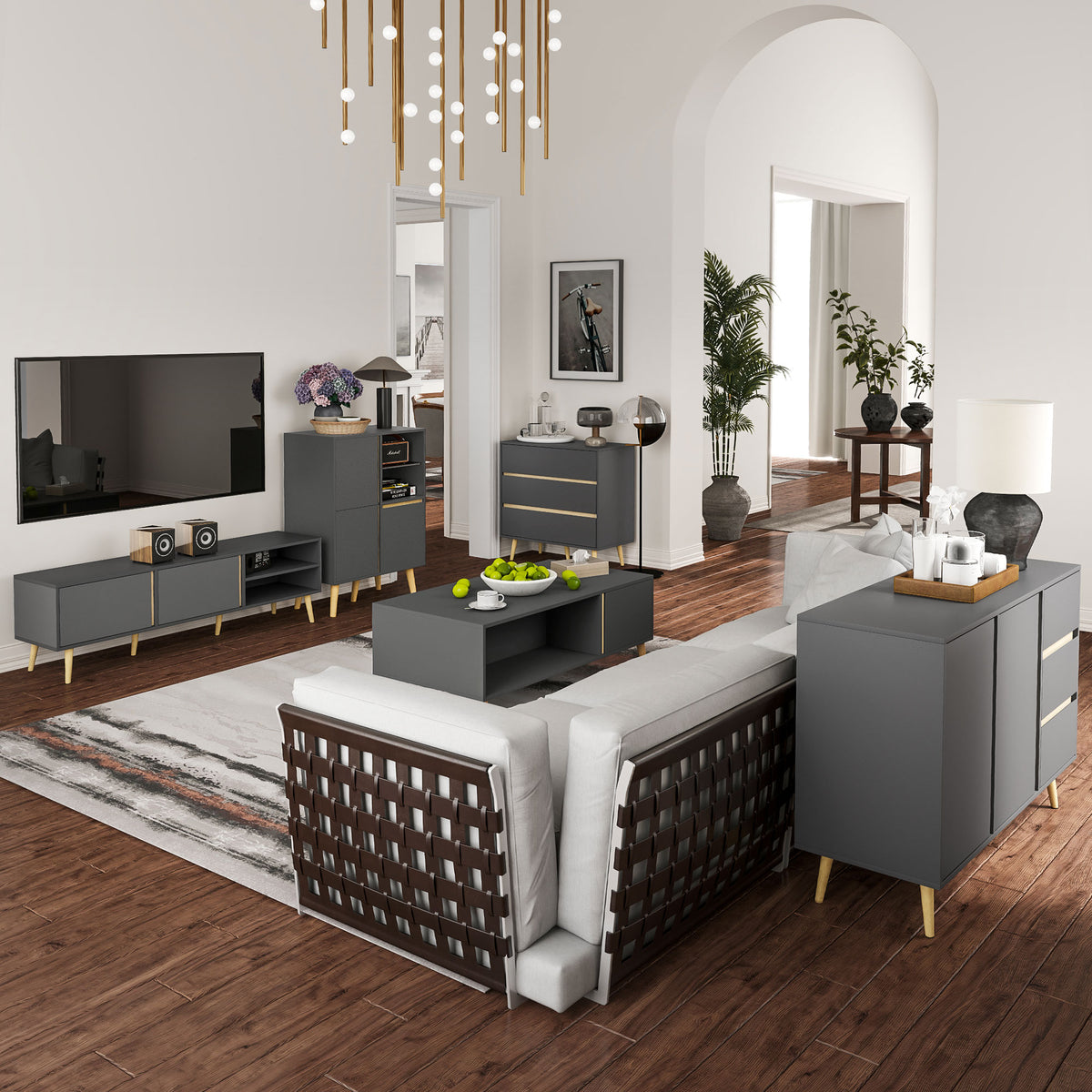 Buffet bas meuble de rangement sur pieds style scandinave 2 portes 3 tiroirs 120 x 40 x 80 cm gris anthracite