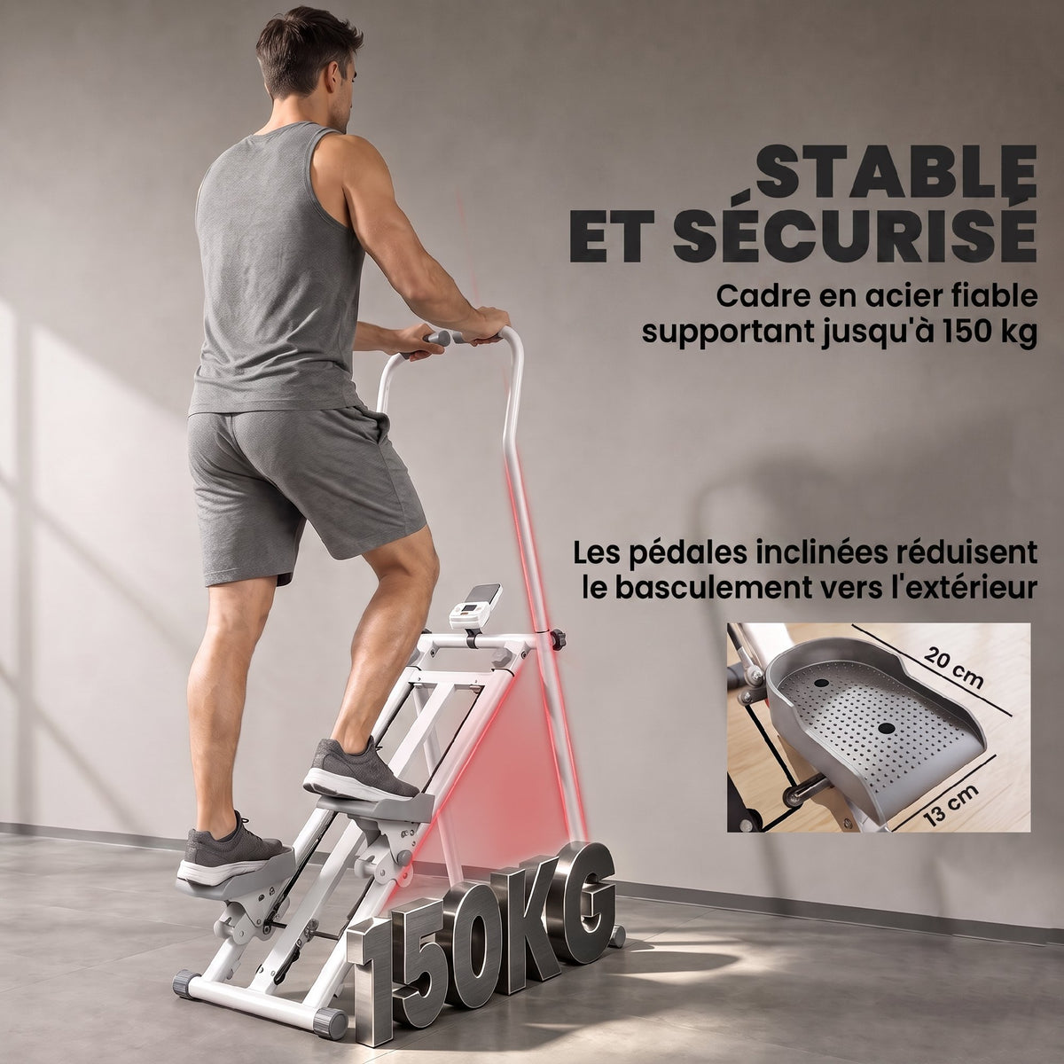 Stepper d'Escalier Pliable, 3 Niveaux de Résistance, Hauteur Réglable, Écran LCD, Charge 150 kg, 90x50x133cm, Blanc