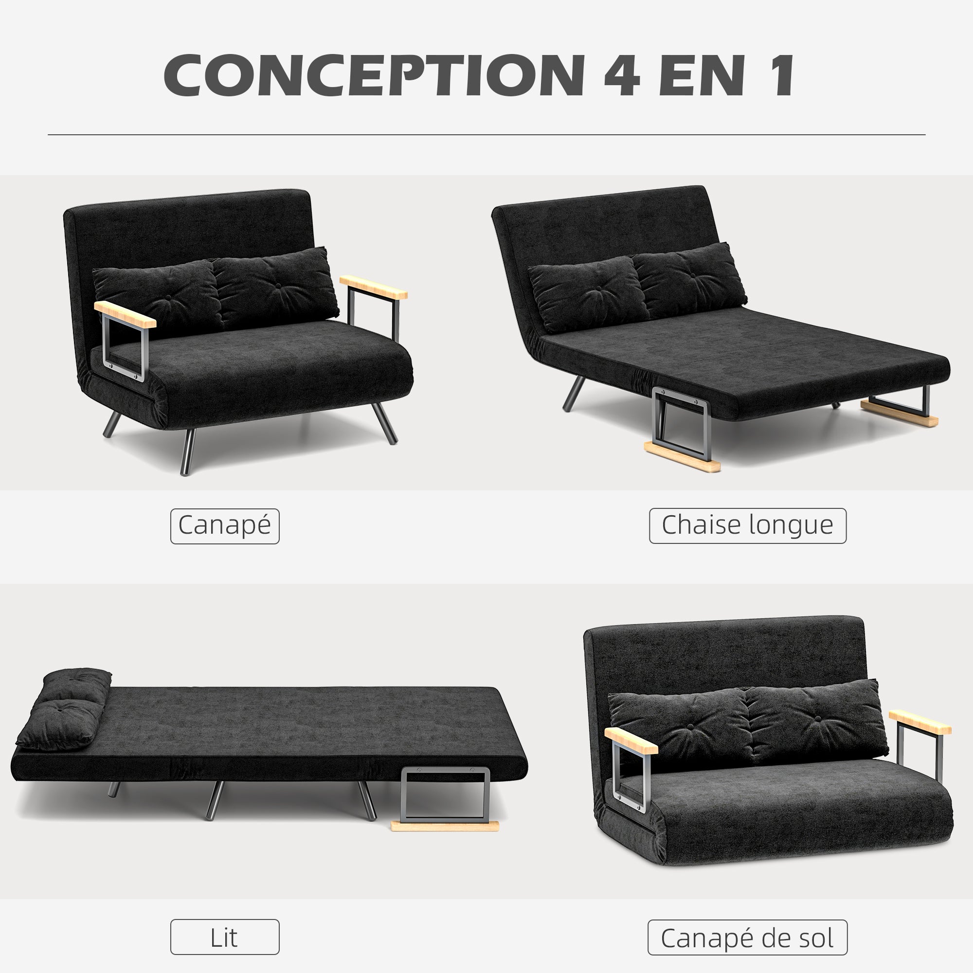 Divano letto a 2 posti 4 in 1, divano letto con schienale regolabile su 5 livelli, 2 cuscini, 102 x 73 x 81 cm, nero