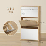 Meuble à chaussures 9 paires, armoire à chaussures étroite, 3 tiroirs rabattables portes miroirs, 65x17x114,5cm naturel