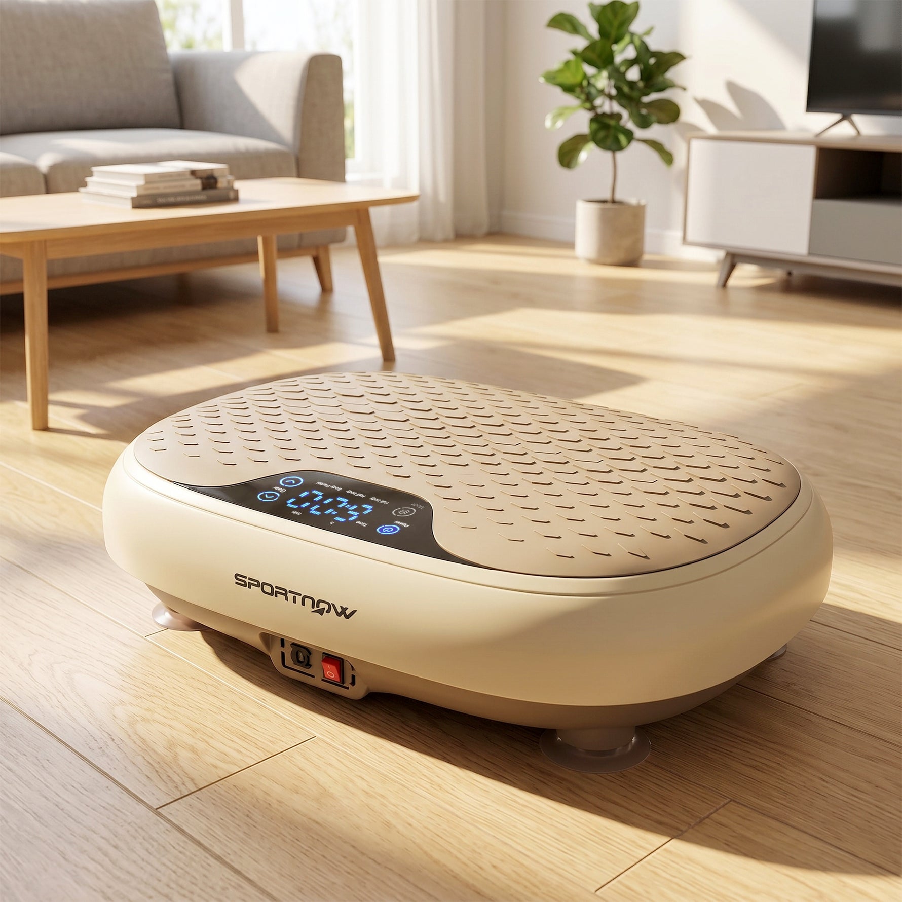Plateforme Vibrante, 20 Niveaux de Vitesse, 3 Programmes, Écran LED et Télécommande, 46 x 33 x 13,5 cm, Beige