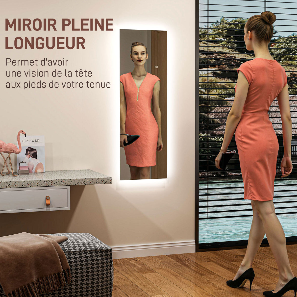 Grand miroir mural LED miroir pleine longueur 3 couleurs de lumière réglables fonction mémoire 120 x 40 cm transparent