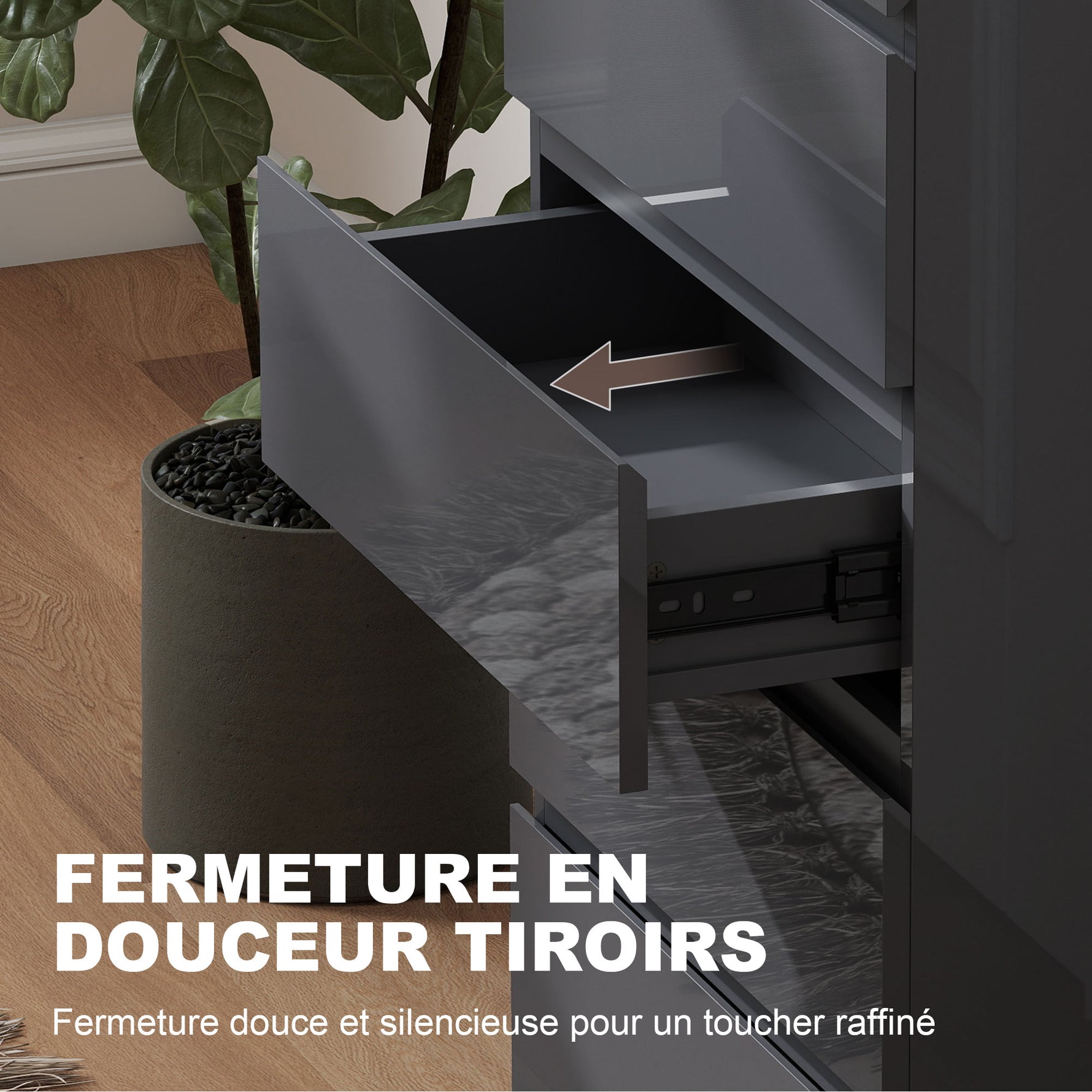 Commode 5 tiroirs, meuble de rangement à haute brillance, fermeture douce et silencieuse, 53 x 34 x 100 cm, gris