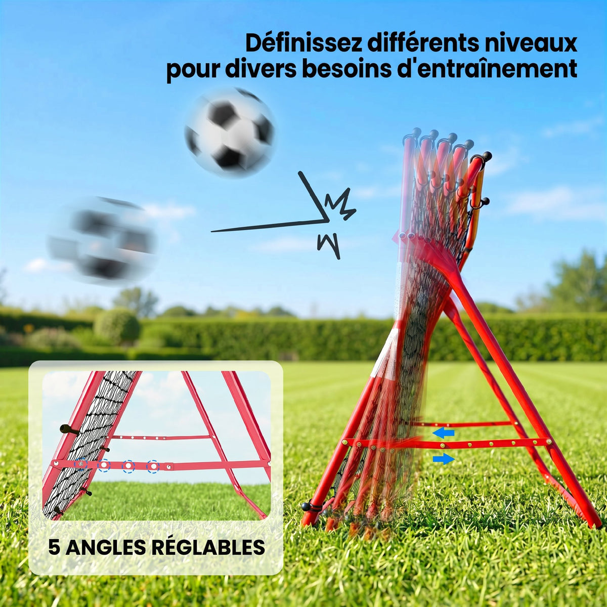 Filet de Rebond Football Portable, 5 Angles Réglables en Acier et Nylon à Double Couche, 103x72x89cm, Rouge