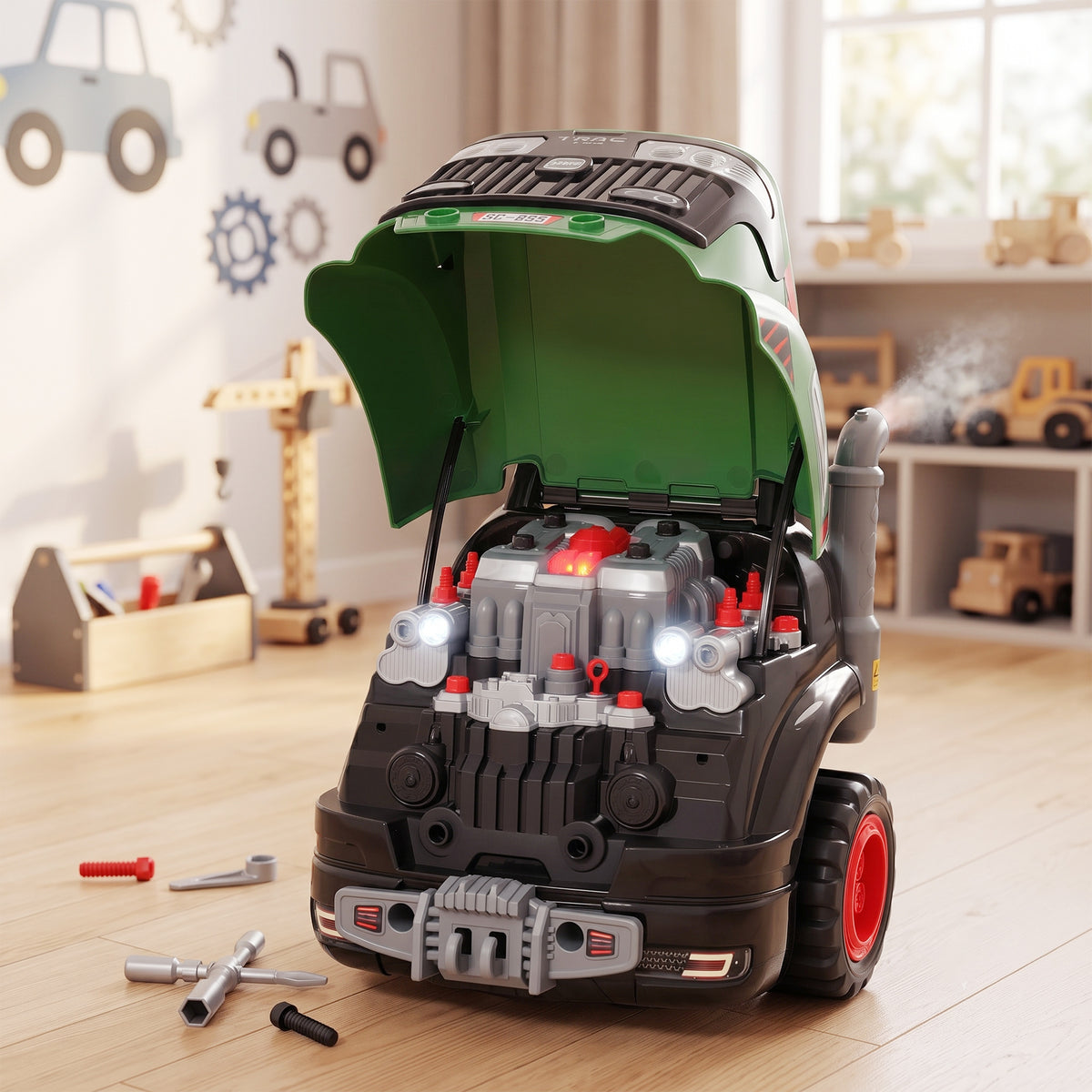 Giocattolo Motore di Camion per Bambini, Camion Meccanico, Volante con Effetto Nebbia, Suoni e Luci per 3-6 Anni, Verde