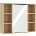 Meuble salle de bain avec miroir, placard à portes et 6 compartiments ouverts, 60 x 14,5 x 49,4 cm, bois naturel