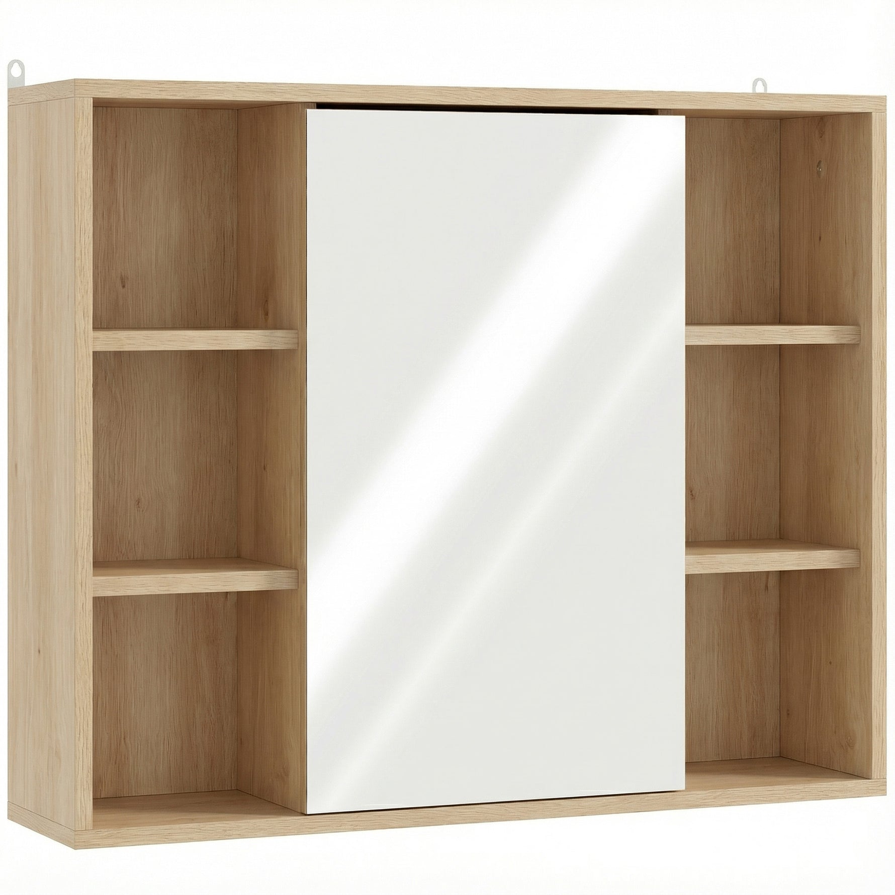 Meuble salle de bain avec miroir, placard à portes et 6 compartiments ouverts, 60 x 14,5 x 49,4 cm, bois naturel
