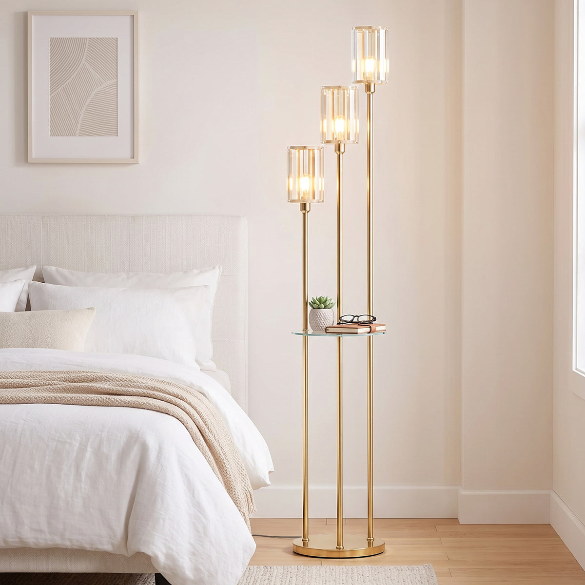 Lampadaire Étagère Verre 3 Lumières Lampe sur Pied Abat-jour Verre Doré