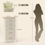Commode 5 tiroirs en tissu, meuble de rangement avec 4 poches, 2 crochets, structure en acier, 45 x 30 x 94,5 cm, beige