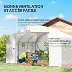 Serre Tunnel de Jardin 13,35 m² dim. 4,5L x 3l x 2H m Porte + 6 fenêtres enroulables Acier galvanisé bâche PE Haute densité Blanc