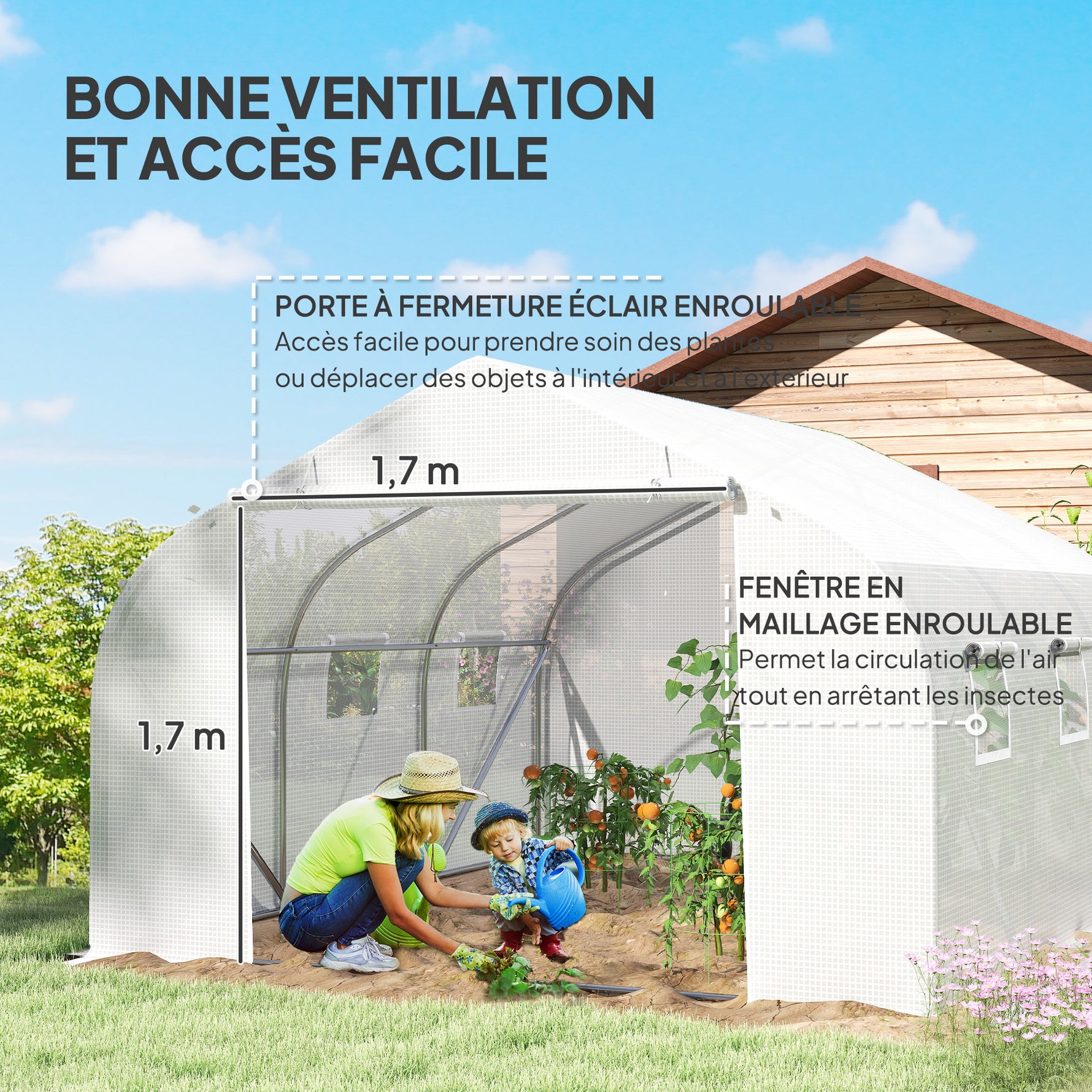 Serre Tunnel de Jardin 13,35 m² dim. 4,5L x 3l x 2H m Porte + 6 fenêtres enroulables Acier galvanisé bâche PE Haute densité Blanc