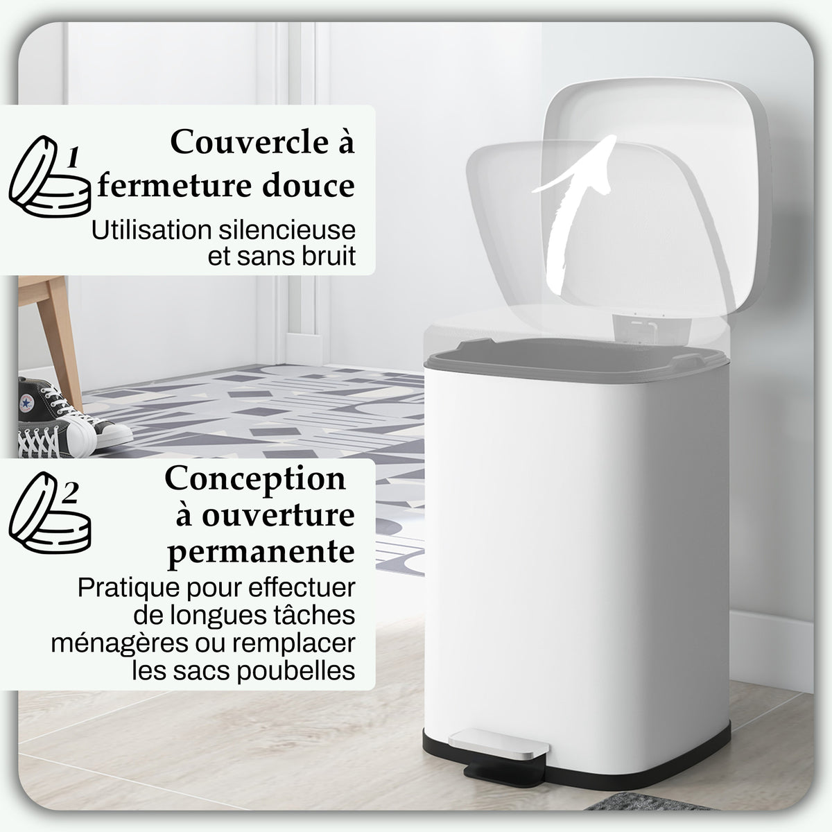 Poubelle de cuisine 20L avec couvercle à fermeture douce et pédale, seau intérieur amovible, 28L x 35l x 45H cm, blanc