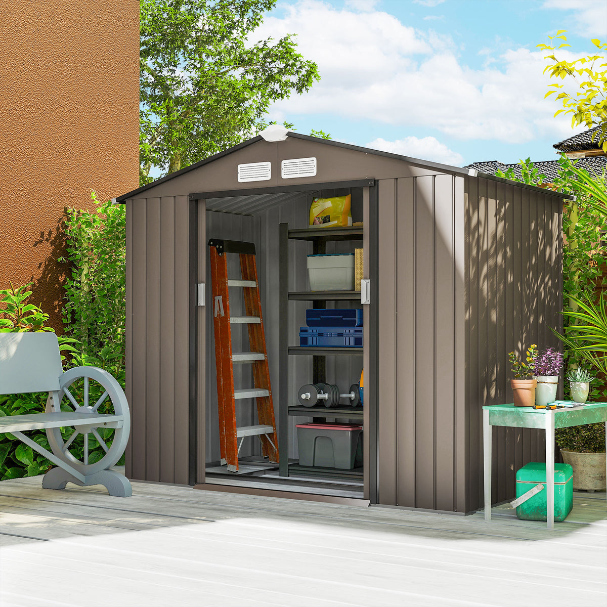 Tuinhuis 2,77 m² tuinhuisje tuinopbergkast Afm. 213L x 130B x 185H cm Schuifdeur Staal bruin