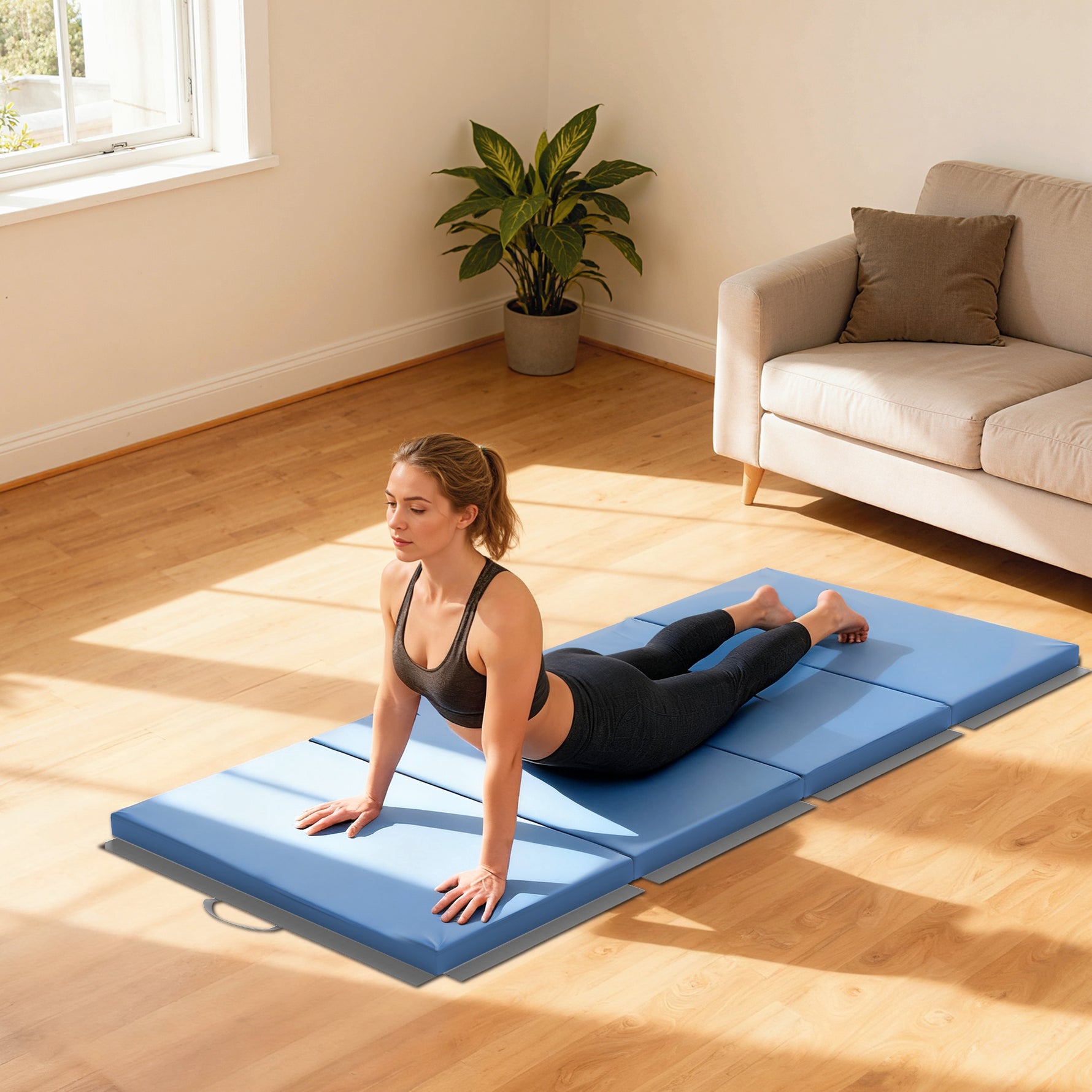 Tapis de gymnastique yoga pilates fitness pliable en 4 avec poignées revêtement synthétique 180 x 80 x 5 cm bleu clair
