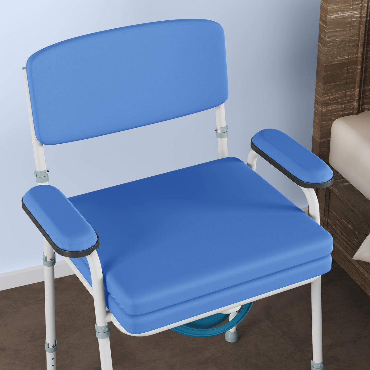 Silla de inodoro con orificio multifunción, cubo extraíble, altura regulable, con respaldo, asiento y reposabrazos acolchados azules